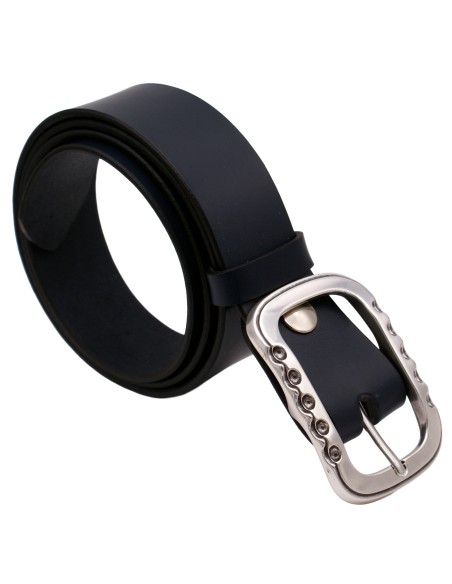 Ceinture bleu marine 4 cm enroulée – boucle double argentée brillante, vue trois‑quarts