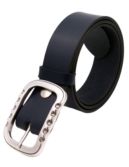 Ceinture cuir bleu marine 4 cm avec boucle double argentée brillante – vue de face