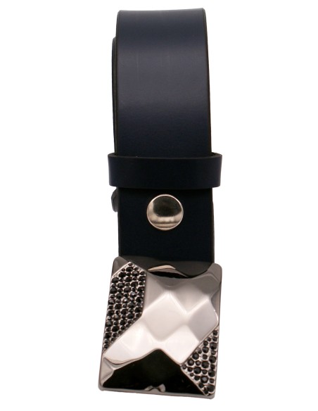 Ceinture bleu marine 4 cm – Boucle plaque noire facettée et strass