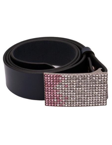 Ceinture en cuir bleu marine 4 cm – Boucle plaque strass rose et argenté, éclat et modernité