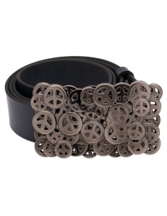 Vue de face de la ceinture en cuir bleu marine avec sa boucle plaque ornée de multiples symboles Peace en métal noir brossé