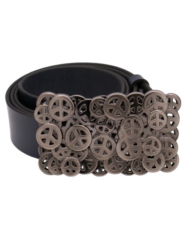 Vue de face de la ceinture en cuir bleu marine avec sa boucle plaque ornée de multiples symboles Peace en métal noir brossé
