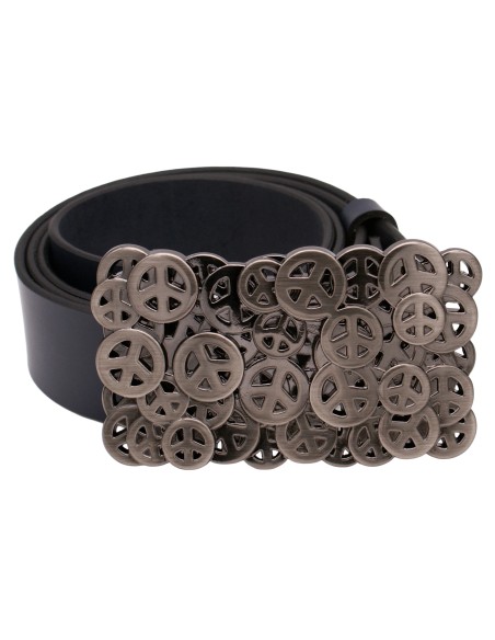 Vue de face de la ceinture en cuir bleu marine avec sa boucle plaque ornée de multiples symboles Peace en métal noir brossé