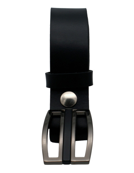 Boucle plaque finition graphite montée sur une ceinture en cuir noire pleine fleur de 3,5 cm