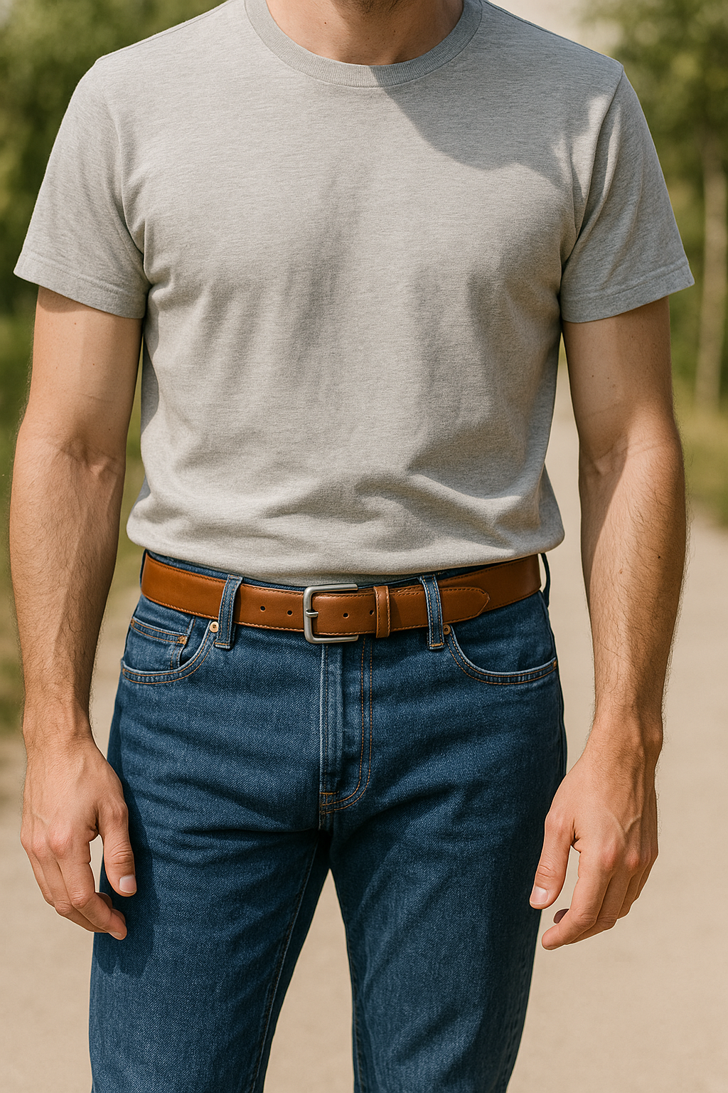 Homme en jean et t-shirt gris avec une ceinture en cuir camel, style décontracté