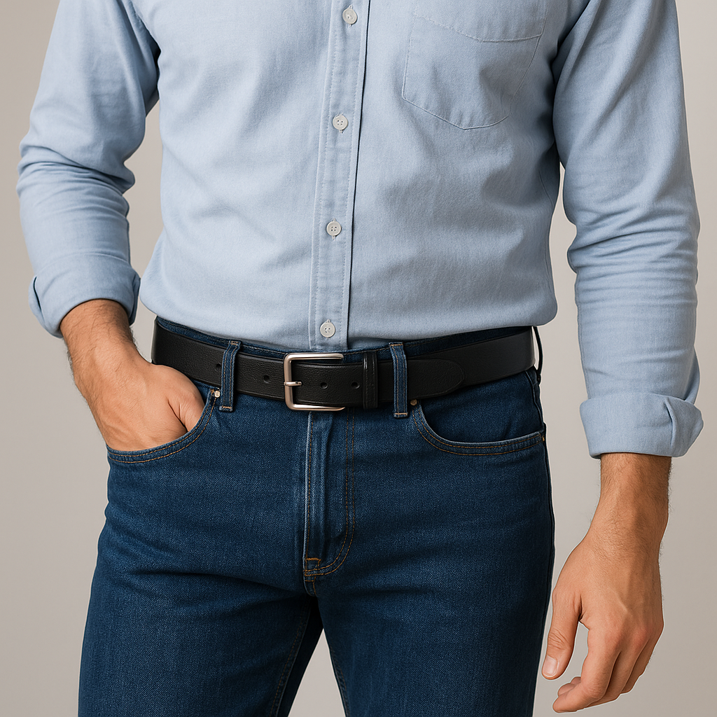 Homme portant une ceinture en cuir noir 3,5 cm sur un jean, La Ceinture Française