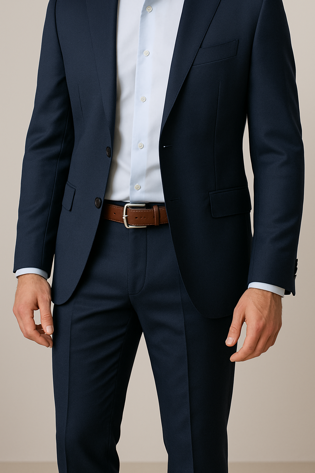 Homme en costume bleu avec une ceinture en cuir marron, La Ceinture Française