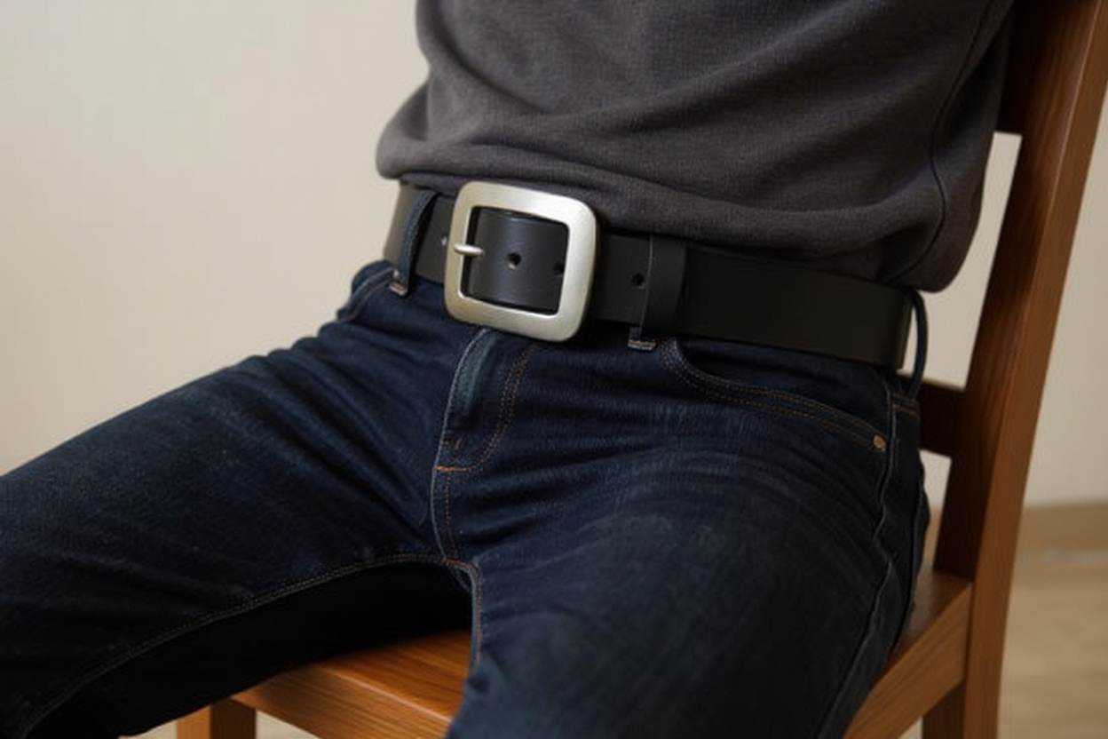Ceinture homme en cuir 120 cm passée dans les passants d’un jean posé sur une chaise en bois.