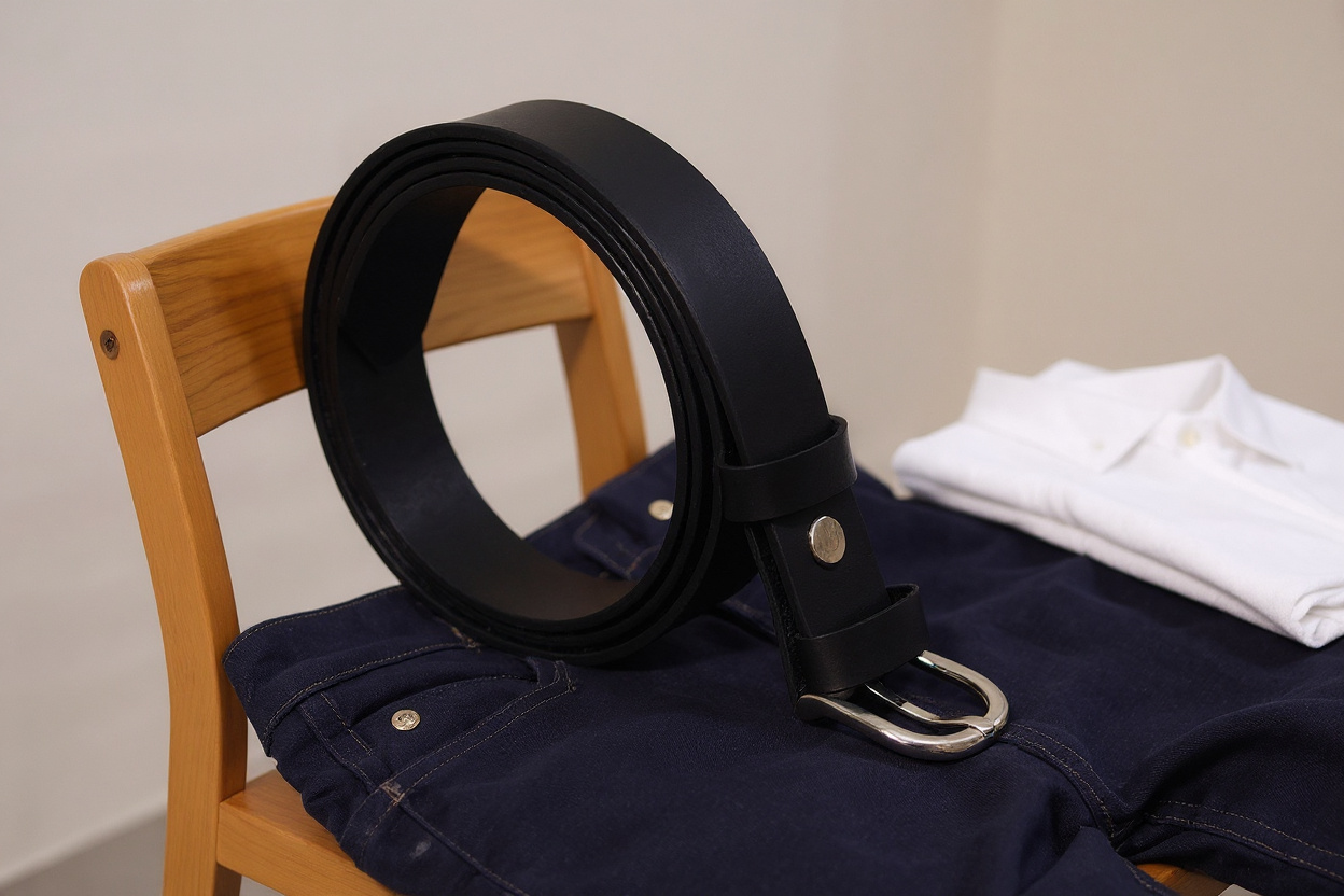 Ceinture en cuir homme grande taille 120 cm enfilée dans un pantalon posé sur une chaise dans une chambre lumineuse.